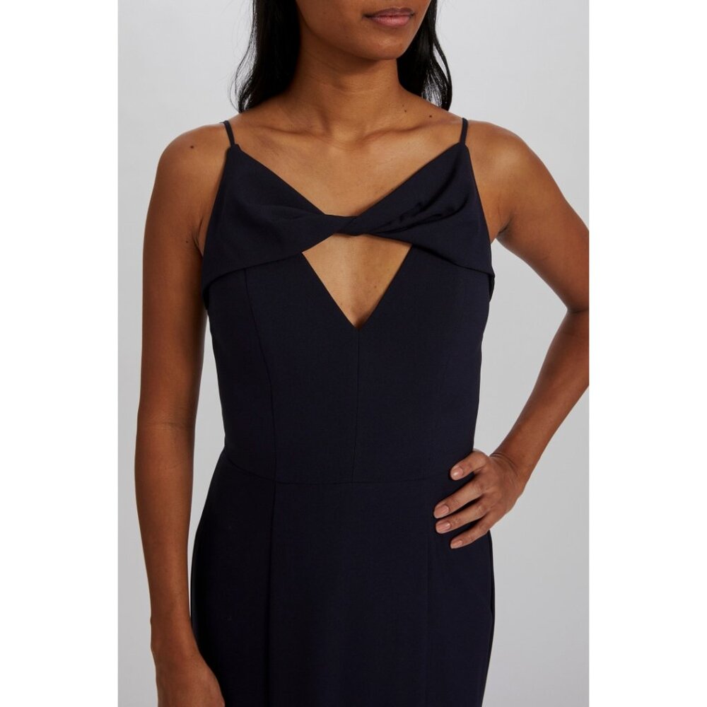 Modern Twist Front Navy Crepe Floor Length Formal Gown with slit Amsale Dallas - Picture 6 of 11
